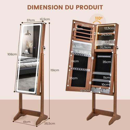 Armoire à Bijoux Avec Miroir Sur Pieds, Grand Miroir Psyché Sans Cadre,  Noyer