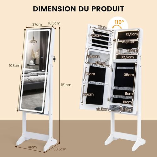 Armoire à Bijoux Avec Miroir Sur Pieds, Grand Miroir Psyché Sans Cadre,  Blanc