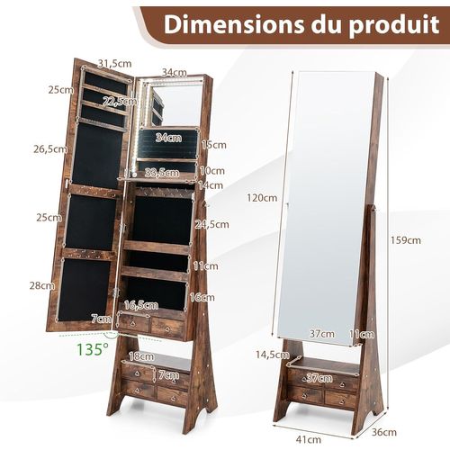 Armoire à Bijoux Avec Miroir Pleine Longueur, Organisateur De Bijoux Avec Miroir, Blanc (marron)