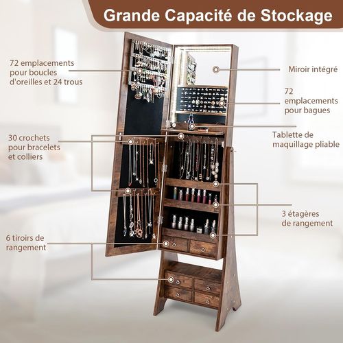 Armoire à Bijoux Avec Miroir Pleine Longueur, Organisateur De Bijoux Avec Miroir, Blanc (marron)