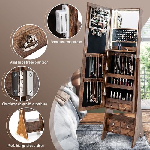 Armoire à Bijoux Avec Miroir Pleine Longueur, Organisateur De Bijoux Avec Miroir, Blanc (marron)