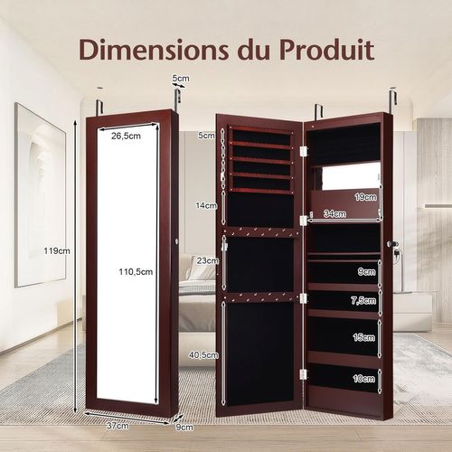 Armoire à Bijoux Murale Avec Miroir 12 LED, Meuble De Rangement Verrouillable Pleine Longueur Marron