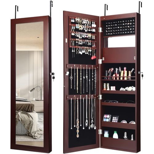 Armoire à Bijoux Murale Avec Miroir 12 LED, Meuble De Rangement Verrouillable Pleine Longueur Marron