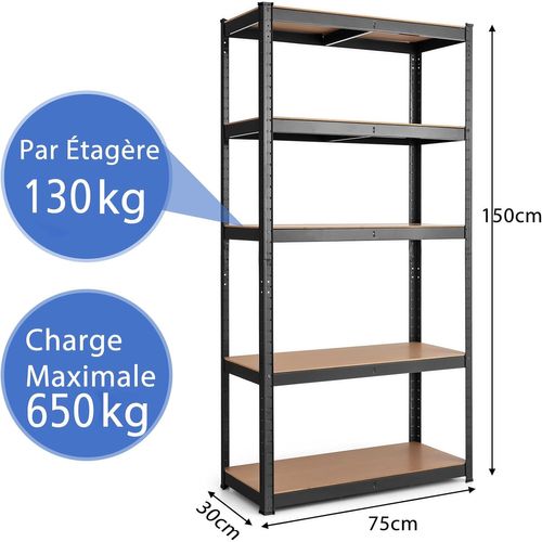 Etagère De Rangement Etagère Charge Lourde Métallique à 5 Niveaux, 30 X 75 X 150 Cm (noir)