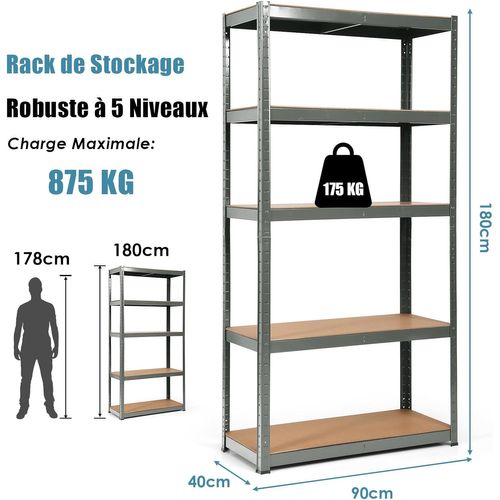 Etagère De Garage à 5 Niveaux Charge Max.875kg Avec Etagère Ajustable, 40 X 90 X 180 Cm (gris)
