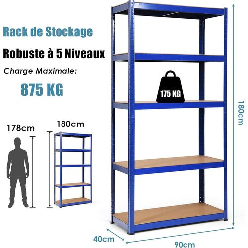 Etagère De Garage à 5 Niveaux Charge Max.875kg Avec Etagère Ajustable, 40 X 90 X 180 Cm (bleu)