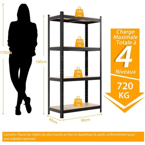 Rayonnage Métallique Etagère De Rangement Capacité De Charge 520kg, 40 X 80 X 160 Cm (noir)