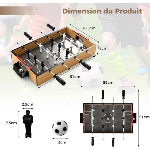 Baby-foot En Bois Avec 12 Joueurs Et Lumière LED, Poignée Et Marqueur Manuel, 51 X 30,5 X 8 Cm