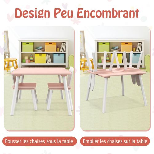 Table Enfant Avec 2 Chaises En Forme Lapin, Table Et Chaises En Bois, Charge 40kg (rose)
