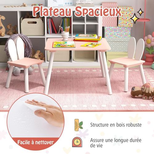 Table Enfant Avec 2 Chaises En Forme Lapin, Table Et Chaises En Bois, Charge 40kg (rose)