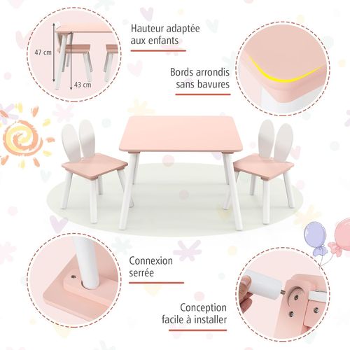 Table Enfant Avec 2 Chaises En Forme Lapin, Table Et Chaises En Bois, Charge 40kg (rose)