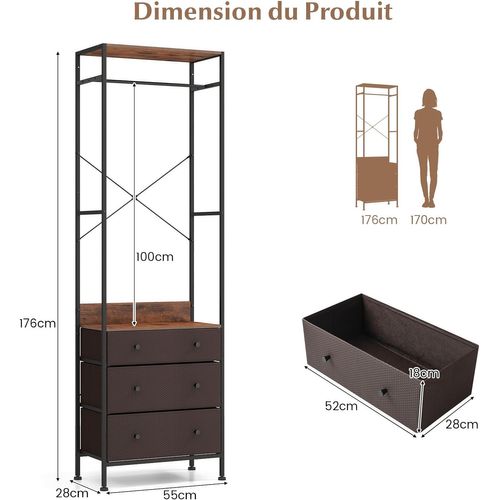 Porte Manteaux Entrée 3 En 1, Commode 3 Tiroirs Pliables, Tringle à 3 Positions (brun)
