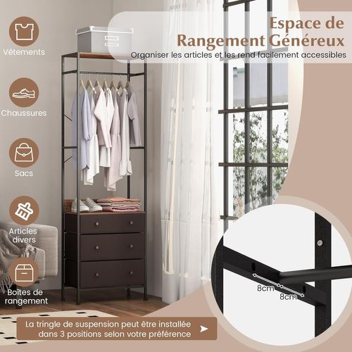 Porte Manteaux Entrée 3 En 1, Commode 3 Tiroirs Pliables, Tringle à 3 Positions (brun)