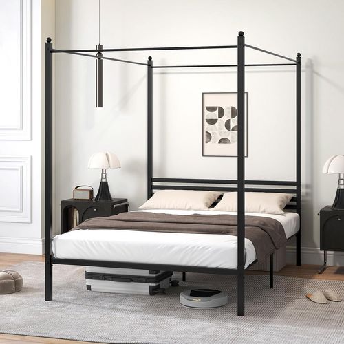 Cadre De Lit Double à Baldaquin 140 X 200 Cm, Lit Plateforme Avec Toit En Métal, Tête De Lit