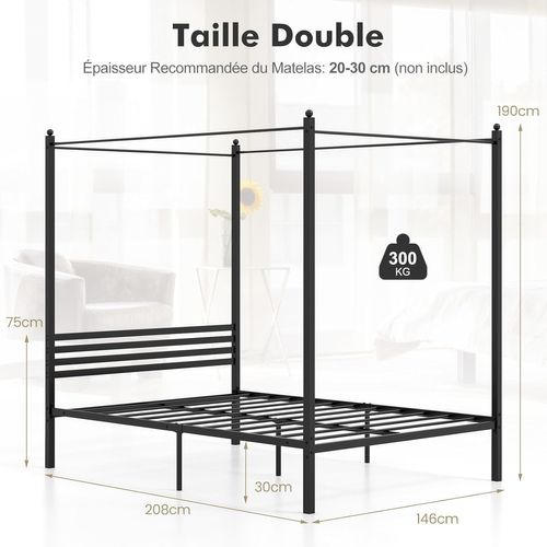 Cadre De Lit Double à Baldaquin 140 X 200 Cm, Lit Plateforme Avec Toit En Métal, Tête De Lit