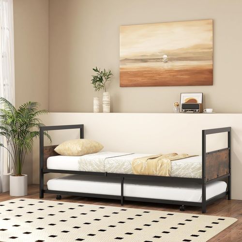 Lit Gigogne 90 X 200 Cm, Lit Simple En Métal Avec Roulettes, Cadre De Lit Plateforme