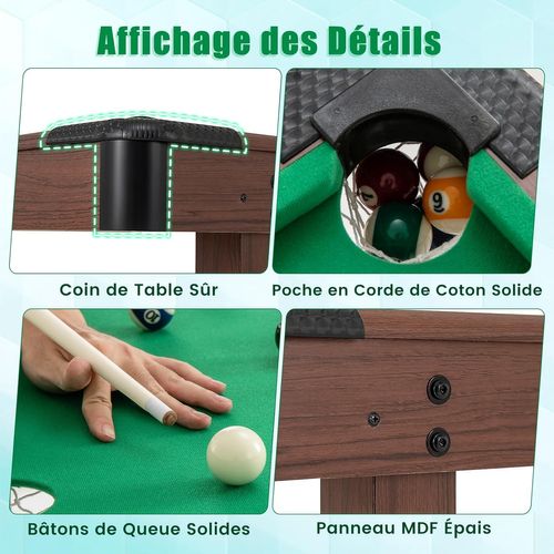 Table De Billard Americain Avec Accessoires(2 Queues, 16 Boules, Triangle, 2 Craies, Brosse), Vert