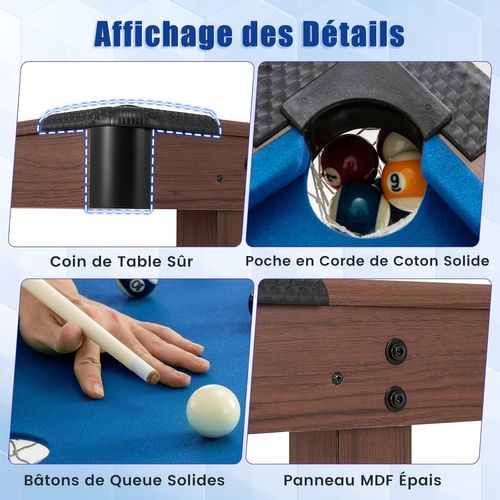 Table De Billard Americain Avec Accessoires(2 Queues, 16 Boules, Triangle, 2 Craies, Brosse), Bleu
