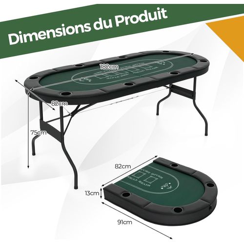 Table De Poker Pliable 182 Cm Pour 8 Joueurs, Table De Jeu De Cartes Avec 8 Porte-gobelets En Métal