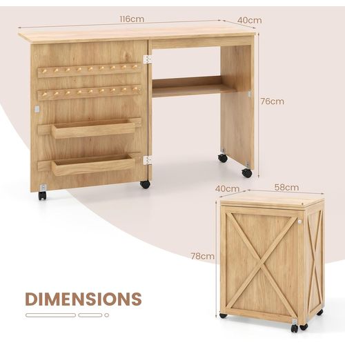 Table De Couture Pliante, Meuble Machine à Coudre Design Compact Avec Etagère Et 18 Rangées, Naturel