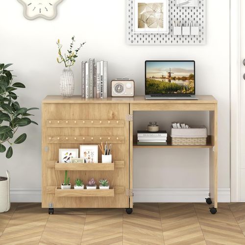 Table De Couture Pliante, Meuble Machine à Coudre Design Compact Avec Etagère Et 18 Rangées, Naturel