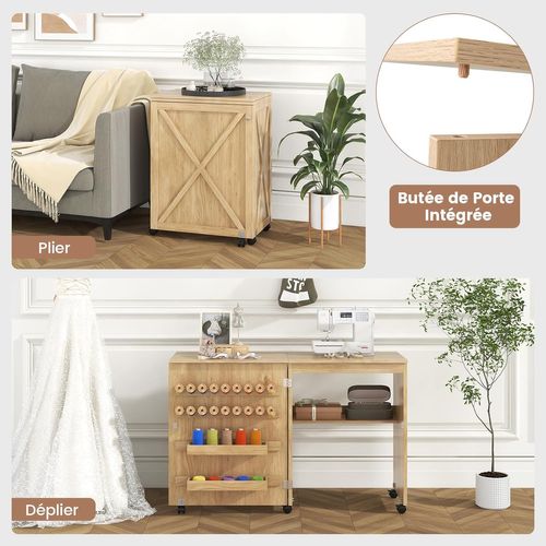 Table De Couture Pliante, Meuble Machine à Coudre Design Compact Avec Etagère Et 18 Rangées, Naturel