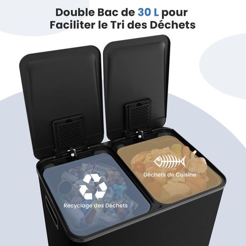 Poubelle Cuisine 2 X 30l, Poubelle Tri Selectif En Acier Inox, Anti-empreinte (noir,2x30l)