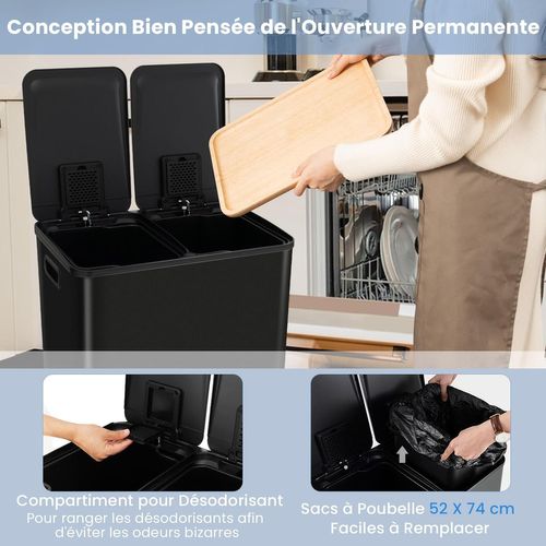Poubelle Cuisine 2 X 30l, Poubelle Tri Selectif En Acier Inox, Anti-empreinte (noir,2x30l)