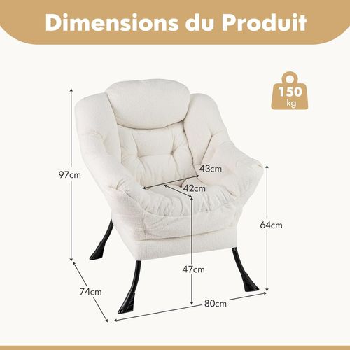 Fauteuil Salon Scandinave, Fauteuil Relax En Sherpa Avec Oreiller, Charger 150 Kg (beige)