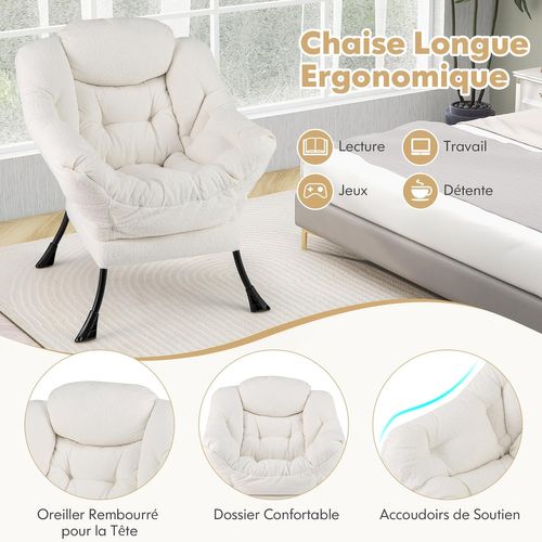 Fauteuil Salon Scandinave, Fauteuil Relax En Sherpa Avec Oreiller, Charger 150 Kg (beige)