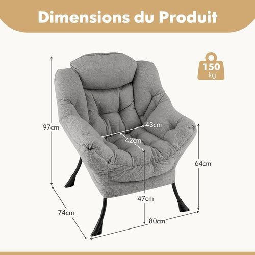 Fauteuil Salon Scandinave, Fauteuil Relax En Sherpa Avec Oreiller, Charger 150 Kg (gris)