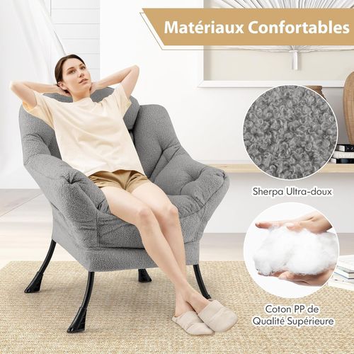 Fauteuil Salon Scandinave, Fauteuil Relax En Sherpa Avec Oreiller, Charger 150 Kg (gris)