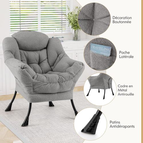 Fauteuil Salon Scandinave, Fauteuil Relax En Sherpa Avec Oreiller, Charger 150 Kg (gris)