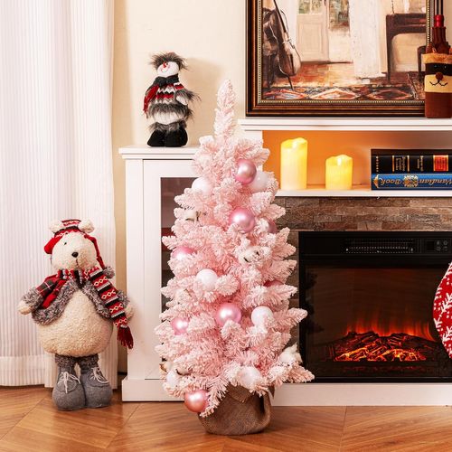 Mini Sapin De Noël Artificiel 90 Cm, Sapin De Noël Pré-décoré Avec 12 Boules De Coton Naturel (rose)