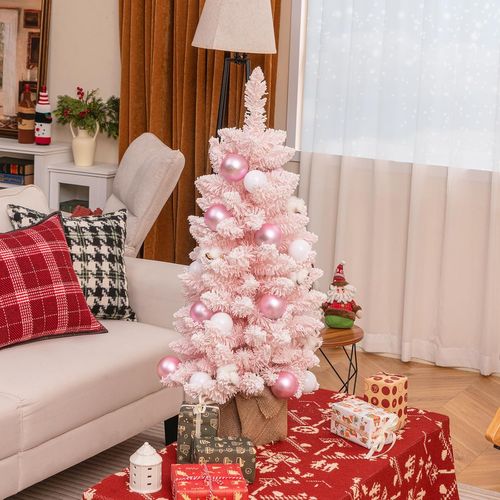 Mini Sapin De Noël Artificiel 90 Cm, Sapin De Noël Pré-décoré Avec 12 Boules De Coton Naturel (rose)