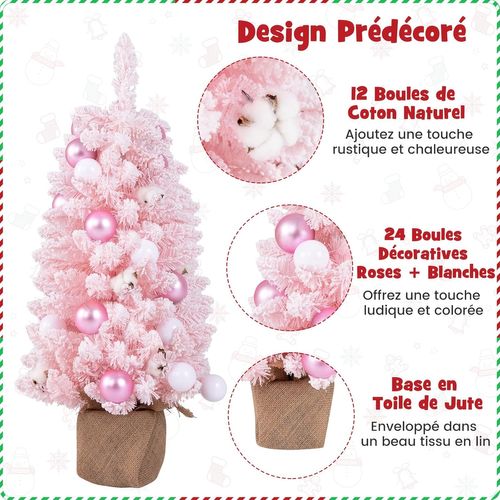 Mini Sapin De Noël Artificiel 90 Cm, Sapin De Noël Pré-décoré Avec 12 Boules De Coton Naturel (rose)