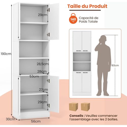 Buffet Cuisine Haut 190 Cm, Meuble De Cuisine Rangement, 2 Placard Rangement, Blanc