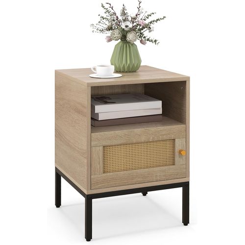 Table De Chevet Avec Porte Rotin Cannage, Table De Nuit Bohême, Pieds En Bois Massif, 40 X 40 X 57cm