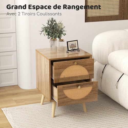 Table De Chevet Lot De 2, Table D'appoint 2 Tiroirs, Design Rotin Cannage, 40 X 40 X 56 Cm