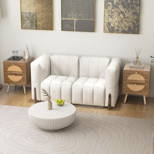 Table De Chevet Lot De 2, Table D'appoint 2 Tiroirs, Design Rotin Cannage, 40 X 40 X 56 Cm
