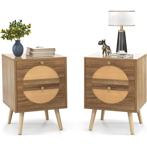Table De Chevet Lot De 2, Table D'appoint 2 Tiroirs, Design Rotin Cannage, 40 X 40 X 56 Cm