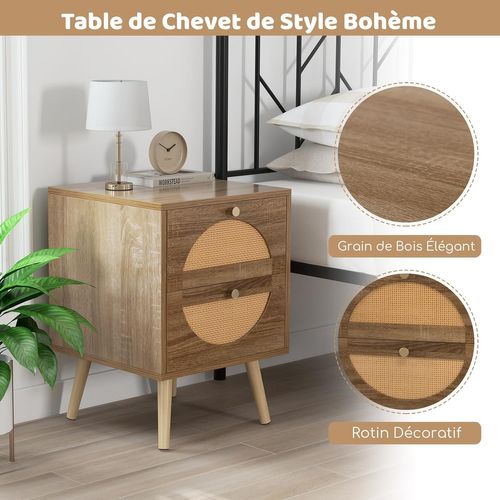 Table De Chevet Lot De 2, Table D'appoint 2 Tiroirs, Design Rotin Cannage, 40 X 40 X 56 Cm