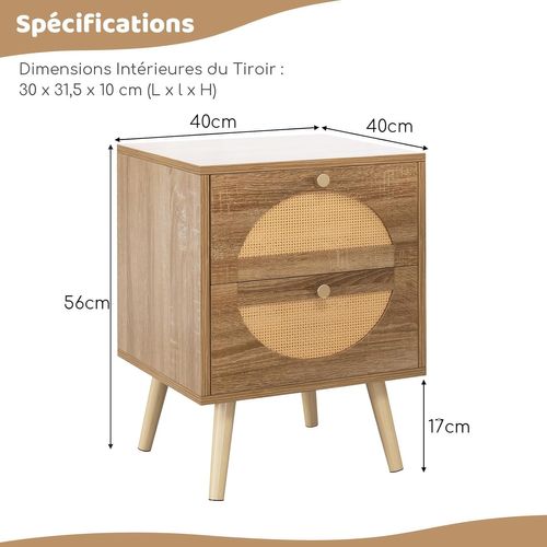 Table De Chevet Lot De 2, Table D'appoint 2 Tiroirs, Design Rotin Cannage, 40 X 40 X 56 Cm