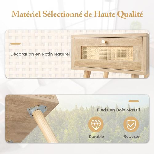 Table De Chevet En Rotin, Table De Nuit Bois Avec Tiroir Et 4 Pieds En Pin, 40 X 40 X 55 Cm (2)