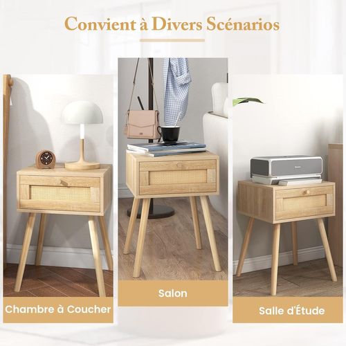 Table De Chevet En Rotin, Table De Nuit Bois Avec Tiroir Et 4 Pieds En Pin, 40 X 40 X 55 Cm (2)