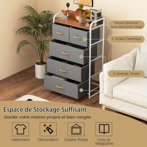 Commode Chambre 5 Tiroirs, Meuble Tiroir Rangement Pliables En Tissu, Cadre En Métal