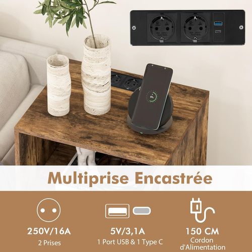 Meuble Tourne-disque Vinyle Avec Prise,table D’appoint Avec Station De Charge,2 Prises, (blanc)