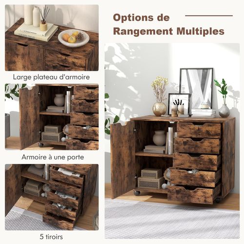 Caisson De Rangement à Roulettes 5 Tiroirs, Placard Avec Étagère Réglable (marron Rustique)
