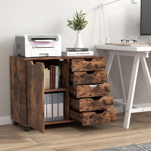 Caisson De Rangement à Roulettes 5 Tiroirs, Placard Avec Étagère Réglable (marron Rustique)