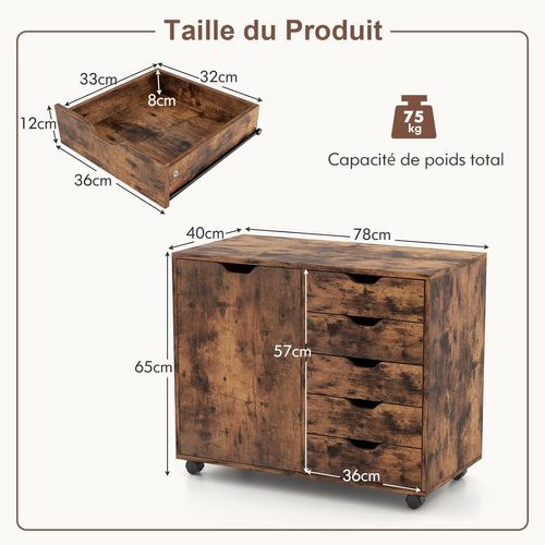 Caisson De Rangement à Roulettes 5 Tiroirs, Placard Avec Étagère Réglable (marron Rustique)